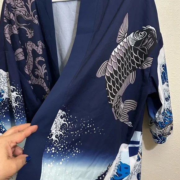 Navy Blue Kimono Jacket with Ocean Wave Design - Picture 5 of 10